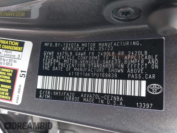 2023 Toyota Camry LE z VIN 4T1R11AK1PU169839, wystawiony jako IAAI lot #42140135 z przebiegiem 10 808 mil mil oraz . Historia ofert i sprzedaży dostępna na DreamBid. Obrazek 9.