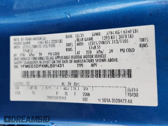 2021 Ford Bronco z VIN 1FMEE5DPXMLB01431, wystawiony jako Copart lot #59192915 z przebiegiem Nie podano mil oraz Nie do naprawy • Non repairable. Historia ofert i sprzedaży dostępna na DreamBid. Obrazek 13.