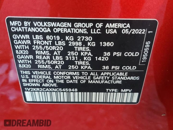 2022 Volkswagen Atlas SE z VIN 1V2KR2CAXNC545948, wystawiony jako Copart lot #58591595 z przebiegiem 40 968 mil mil oraz Szkoda całkowita • Salvage title. Historia ofert i sprzedaży dostępna na DreamBid. Obrazek 14.
