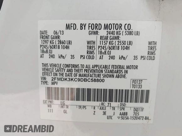 2013 Ford Edge Limited with VIN 2FMDK3KC9DBC58800, listed as a IAAI auction lot 41946812 with 99,434 mi miles. Bid and sale history available at carsss.com. Image 9.
