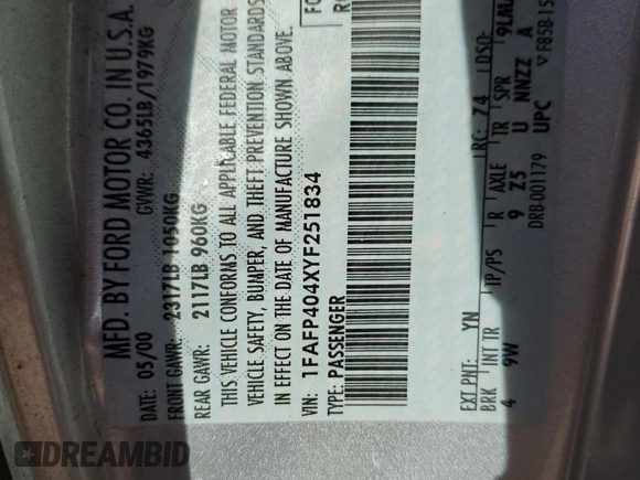 2000 Ford Mustang with VIN 1FAFP404XYF251834, listed as a Copart auction lot 42242875 with 55,039 mi miles and Salvage Title. Bid and sale history available at carsss.com. Image 12.