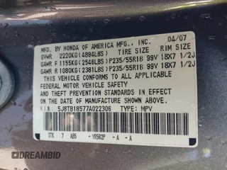 2007 Acura RDX Tech Pkg with VIN 5J8TB18577A022306, listed as a IAAI auction lot 41757944 with 257,203 mi miles. Bid and sale history available at carsss.com. Image 9.