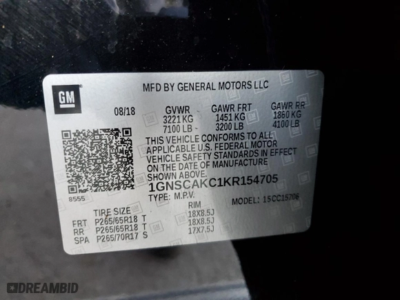 2019 Chevrolet Tahoe LS with VIN 1GNSCAKC1KR154705, listed as a Copart auction lot 87881225 with 81,647 mi miles and Salvage Title. Bid and sale history available at carsss.com. Image 15.