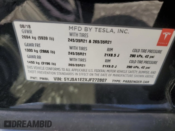 2018 Tesla Model S 75D with VIN 5YJSA1E2XJF272807, listed as a Copart auction lot 51968695 with 21,156 mi miles and Non repairable. Bid and sale history available at DreamBid. Image 12.