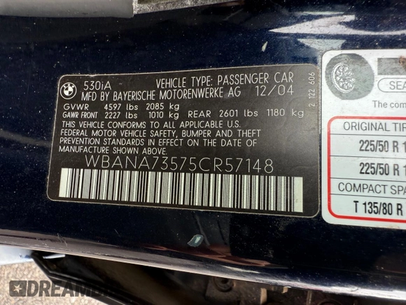 2005 BMW 5 Series 530i with VIN WBANA73575CR57148, listed as a Copart auction lot 72956964 with 138,524 mi miles and Clean Title. Bid and sale history available at DreamBid. Image 10.