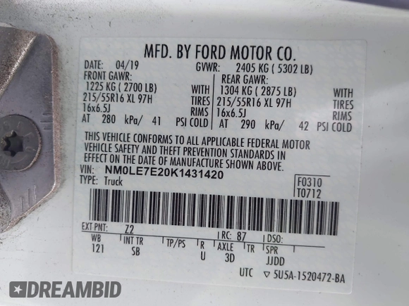 2019 Ford Transit Connect XL с VIN NM0LE7E20K1431420, выставлен на аукционе IAAI как лот 41918902 с пробегом 73 901 миль миль и . История ставок и продаж доступна на DreamBid. Изображение 9.