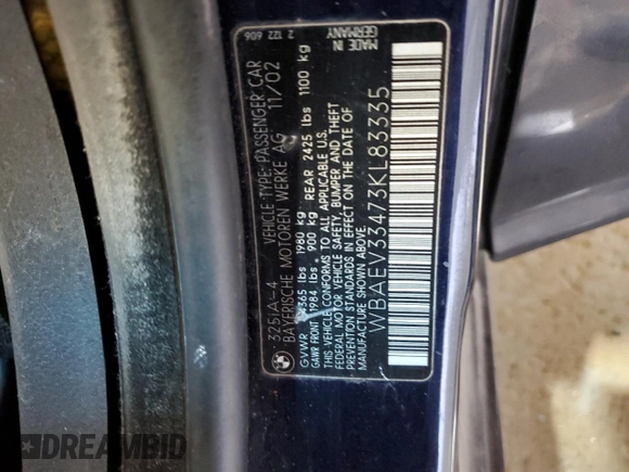 2003 BMW 3 Series 325i with VIN WBAEV33473KL83335, listed as a Copart auction lot 53517225 with 133,388 mi miles and Clean Title. Bid and sale history available at carsss.com. Image 12.