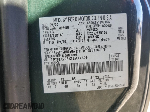 2001 Ford Super Duty F-250 XL with VIN 1FTNX20FX1EA47509, listed as a Copart auction lot 47215215 with 189,088 mi miles and Salvage Title. Bid and sale history available at carsss.com. Image 12.