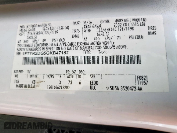 2016 Ford Transit с VIN 1FTYR2DG5GKB47182, выставлен на аукционе Copart как лот 60912595 с пробегом 158 262 миль миль и Чистый • Clean title. История ставок и продаж доступна на DreamBid. Изображение 13.