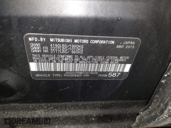 2015 Mitsubishi Lancer SE with VIN JA32V2FW6FU019508, listed as a IAAI auction lot 41633196 with 91,758 mi miles. Bid and sale history available at carsss.com. Image 9.