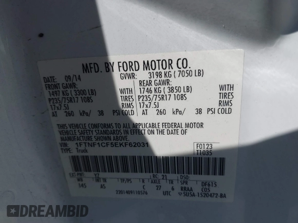 2014 Ford F-150 XL with VIN 1FTNF1CF5EKF62031, listed as a IAAI auction lot 41657632 with 216,689 mi miles and . Bid and sale history available at DreamBid. Image 9.
