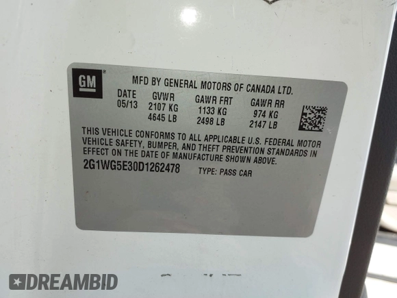 2013 Chevrolet Impala LT with VIN 2G1WG5E30D1262478, listed as a IAAI auction lot 41779808 with 186,576 mi miles and . Bid and sale history available at DreamBid. Image 9.