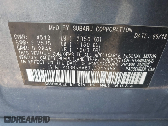 2018 Subaru Legacy with VIN 4S3BNAA67J3045388, listed as a IAAI auction lot 41780505 with 95,149 mi miles. Bid and sale history available at carsss.com. Image 9.