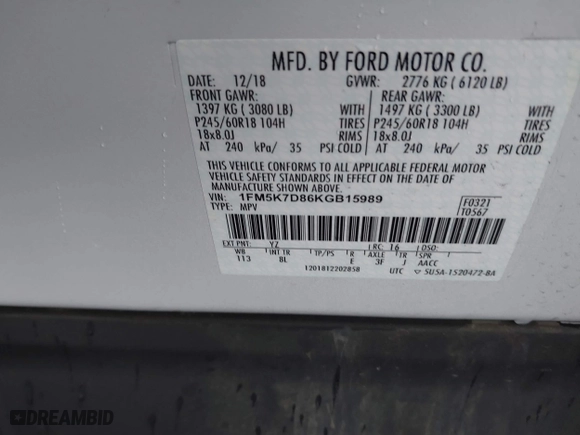 2019 Ford Explorer XLT with VIN 1FM5K7D86KGB15989, listed as a IAAI auction lot 41569315 with 77,040 mi miles. Bid and sale history available at carsss.com. Image 9.