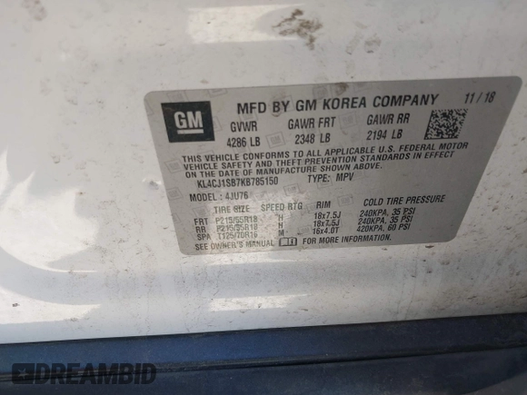 2019 Buick Encore Sport Touring with VIN KL4CJ1SB7KB785150, listed as a IAAI auction lot 41668185 with 102,604 mi miles. Bid and sale history available at carsss.com. Image 9.