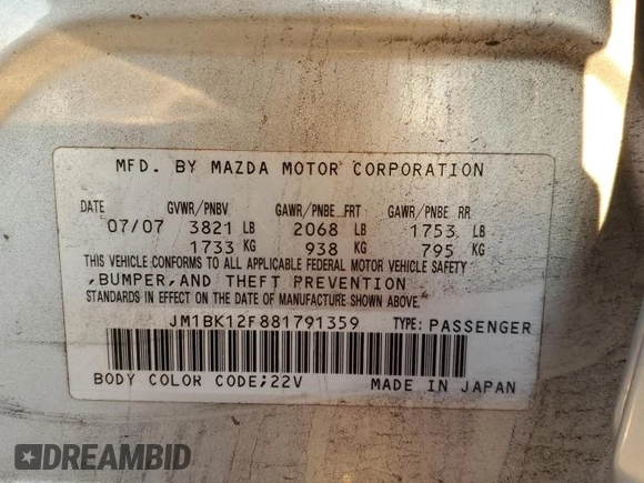 2008 Mazda 3 i Sport with VIN JM1BK12F881791359, listed as a Copart auction lot 87081524 with 127,604 mi miles and Clean Title. Bid and sale history available at DreamBid. Image 14.