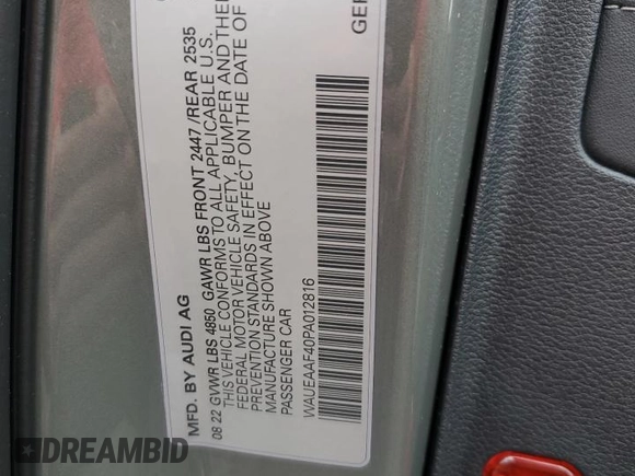 2023 Audi A4 S line Premium Plus with VIN WAUEAAF40PA012816, listed as a Copart auction lot 51128865 with 16,875 mi miles and Salvage Title. Bid and sale history available at DreamBid. Image 12.