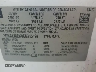 2012 GMC Terrain SLE-1 z VIN 2GKALMEK0C6315197, wystawiony jako Copart lot #62977024 z przebiegiem 180 648 mil mil oraz Nie do naprawy. Historia ofert i sprzedaży dostępna na DreamBid. Obrazek 13.