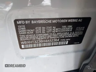 2017 BMW X1 xDrive28i with VIN WBXHT3Z36H4A52364, listed as a IAAI auction lot 41397667 with 61,960 mi miles. Bid and sale history available at carsss.com. Image 9.