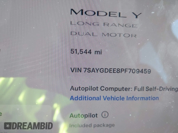 2023 Tesla Model Y Long Range with VIN 7SAYGDEE8PF709459, listed as a IAAI auction lot 41334108 with 51,544 mi miles. Bid and sale history available at carsss.com. Image 14.