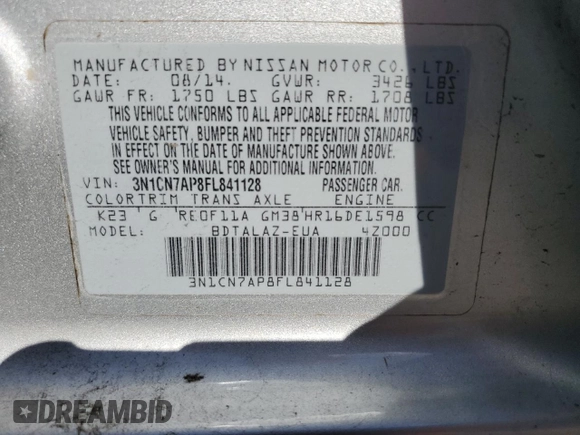 2015 Nissan Versa S Plus with VIN 3N1CN7AP8FL841128, listed as a Copart auction lot 73739444 with Not Provided miles and Salvage Title. Bid and sale history available at carsss.com. Image 15.