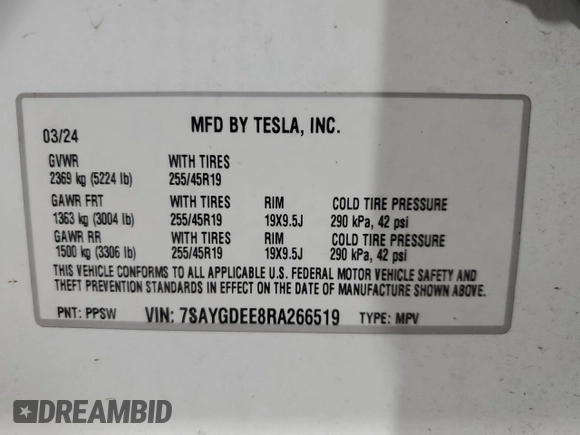 2024 Tesla Model Y Long Range с VIN 7SAYGDEE8RA266519, выставлен на аукционе Copart как лот 60899095 с пробегом Не указан миль и Списание • Salvage title. История ставок и продаж доступна на DreamBid. Изображение 13.