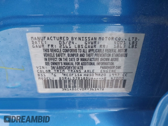 2024 Nissan Sentra SV with VIN 3N1AB8CV0RY361478, listed as a IAAI auction lot 42354081 with 15,697 mi miles and . Bid and sale history available at DreamBid. Image 9.