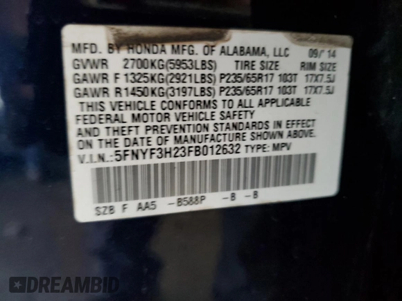 2015 Honda Pilot LX with VIN 5FNYF3H23FB012632, listed as a Copart auction lot 44495925 with 157,910 mi miles and Salvage Title. Bid and sale history available at carsss.com. Image 14.