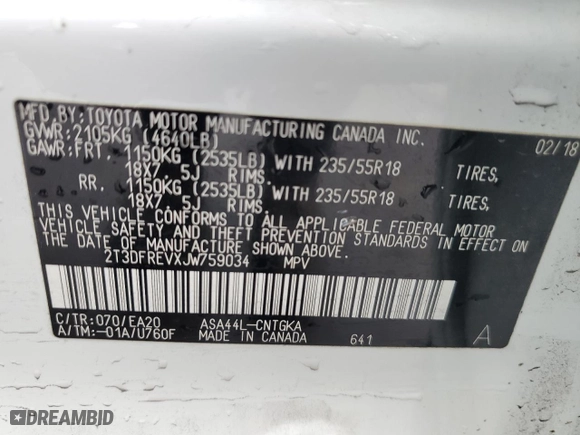 2018 Toyota RAV4 Limited with VIN 2T3DFREVXJW759034, listed as a Copart auction lot 49724815 with 54,755 mi miles and Salvage Title. Bid and sale history available at carsss.com. Image 12.