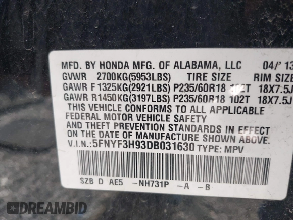 2013 Honda Pilot Touring with VIN 5FNYF3H93DB031630, listed as a IAAI auction lot 42237899 with 198,523 mi miles and . Bid and sale history available at DreamBid. Image 9.