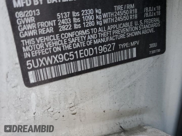 2014 BMW X3 xDrive28i with VIN 5UXWX9C51E0D19627, listed as a Copart auction lot 54874695 with Not Provided miles and Salvage Title. Bid and sale history available at DreamBid. Image 13.