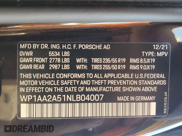 2022 Porsche Macan with VIN WP1AA2A51NLB04007, listed as a Copart auction lot 57549415 with 12,578 mi miles and Salvage title. Bid and sale history available at DreamBid. Image 13.