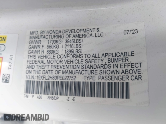 2023 Honda Civic Sport with VIN 19XFL2H80PE022752, listed as a IAAI auction lot 42077694 with 25,939 mi miles and . Bid and sale history available at DreamBid. Image 9.