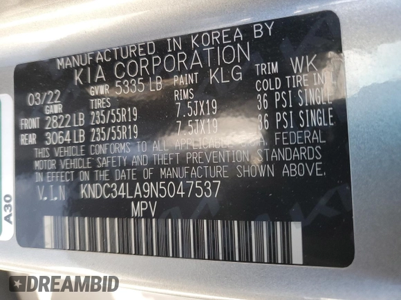 2022 Kia EV6 Wind with VIN KNDC34LA9N5047537, listed as a Copart auction lot 88751725 with 60,966 mi miles and Salvage Title. Bid and sale history available at carsss.com. Image 14.