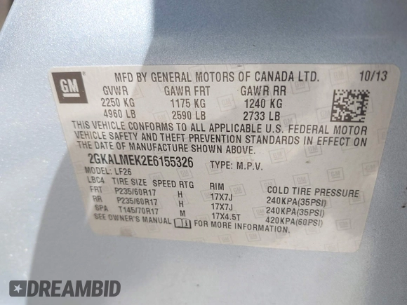 2014 GMC Terrain SLE with VIN 2GKALMEK2E6155326, listed as a IAAI auction lot 42779050 with 122,945 mi miles and . Bid and sale history available at DreamBid. Image 9.