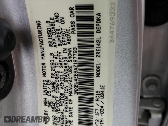 2010 Toyota Corolla with VIN 1NXBU4EE8AZ187793, listed as a Copart auction lot 63909235 with 65,164 mi miles and Salvage title. Bid and sale history available at DreamBid. Image 12.