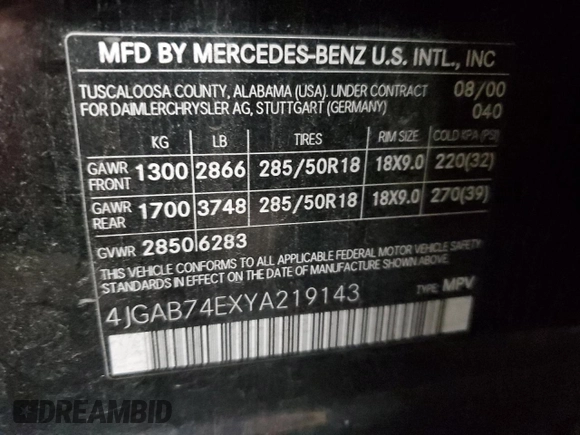 2000 Mercedes-Benz M-Class AMG with VIN 4JGAB74EXYA219143, listed as a Copart auction lot 71922634 with 156,092 mi miles and Salvage Title. Bid and sale history available at carsss.com. Image 13.