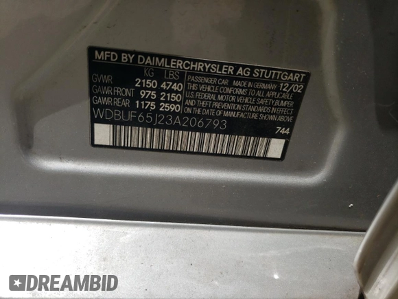 2003 Mercedes-Benz E-Class 3.2L with VIN WDBUF65J23A206793, listed as a Copart auction lot 65141914 with 0 mi miles and Salvage Title. Bid and sale history available at carsss.com. Image 12.