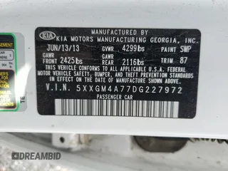 2013 Kia Optima LX with VIN 5XXGM4A77DG227972, listed as a Copart auction lot 51643045 with 138,249 mi miles and Salvage Title. Bid and sale history available at carsss.com. Image 12.