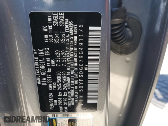 2024 Kia Telluride S with VIN 5XYP6DGC7RG491176, listed as a Copart auction lot 57329605 with 19,287 mi miles and Salvage title. Bid and sale history available at DreamBid. Image 13.