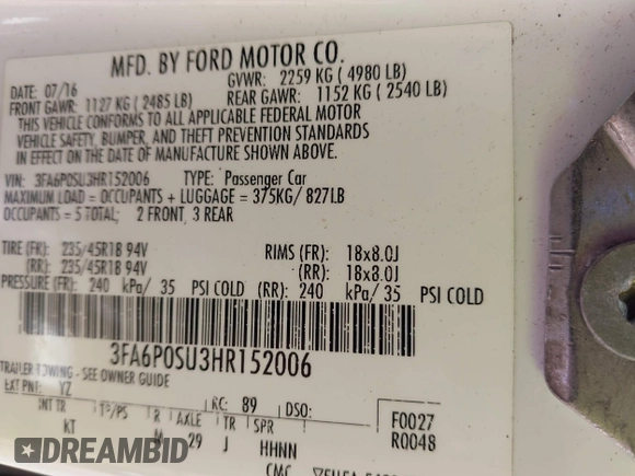 2017 Ford Fusion Titanium with VIN 3FA6P0SU3HR152006, listed as a IAAI auction lot 41423485 with 183,547 mi miles and . Bid and sale history available at carsss.com. Image 9.