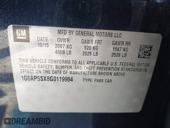2016 Cadillac CTS RWD with VIN 1G6AP5SX8G0119984, listed as a IAAI auction lot 41679567 with 98,592 mi miles and . Bid and sale history available at DreamBid. Image 9.