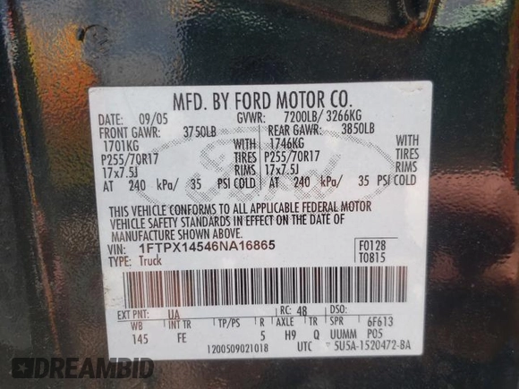 2006 Ford F-150 XLT z VIN 1FTPX14546NA16865, wystawiony jako Copart lot #58276505 z przebiegiem 225 118 mil mil oraz Szkoda całkowita • Salvage title. Historia ofert i sprzedaży dostępna na DreamBid. Obrazek 12.