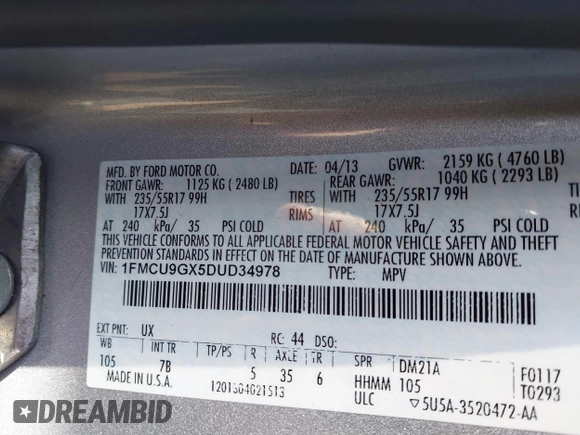 2013 Ford Escape SE with VIN 1FMCU9GX5DUD34978, listed as a IAAI auction lot 42570946 with 133,408 mi miles and . Bid and sale history available at DreamBid. Image 9.