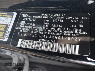 2017 Kia Optima EX with VIN 5XXGU4L3XHG176029, listed as a IAAI auction lot 41481536 with 282,759 mi miles. Bid and sale history available at carsss.com. Image 9.