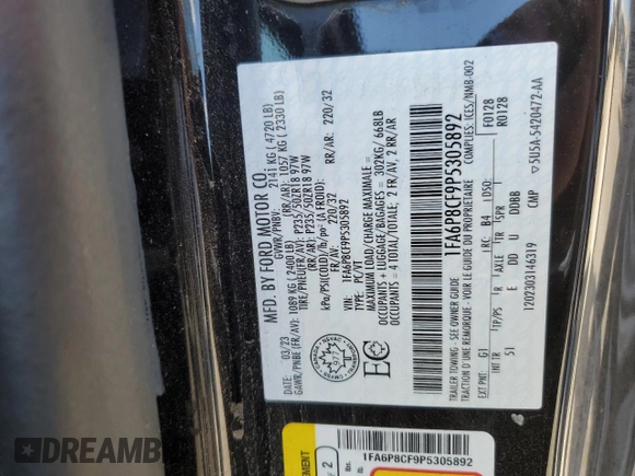 2023 Ford Mustang GT with VIN 1FA6P8CF9P5305892, listed as a Copart auction lot 57672435 with 45,065 mi miles and Salvage title. Bid and sale history available at DreamBid. Image 12.