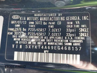 2014 Kia Sorento LX with VIN 5XYKT4A69EG468157, listed as a IAAI auction lot 41771810 with 144,214 mi miles. Bid and sale history available at carsss.com. Image 9.