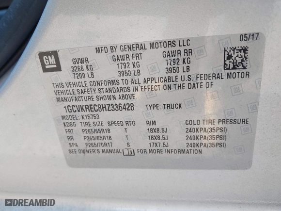 2017 Chevrolet Silverado 1500 LT with VIN 1GCVKREC8HZ336428, listed as a IAAI auction lot 41613213 with 110,799 mi miles. Bid and sale history available at carsss.com. Image 9.