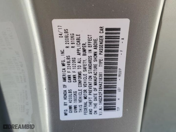 2017 Honda Accord Sedan LX with VIN 1HGCR2F39HA218381, listed as a Copart auction lot 79968504 with 149,923 mi miles and Salvage Title. Bid and sale history available at carsss.com. Image 14.