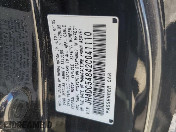 2002 Acura RSX Auto with VIN JH4DC54842C041110, listed as a Copart auction lot 57533595 with 84,352 mi miles and Clean title. Bid and sale history available at DreamBid. Image 12.